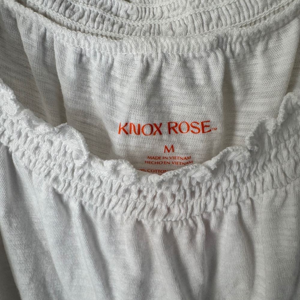 Knox Rose White Smocked Ruffle Neck Slub Knit‎ Boho Peasant Top Medium - Picture 3 of 4